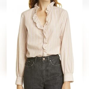 Pink and White Puff Sleeve Ruffled Blouse